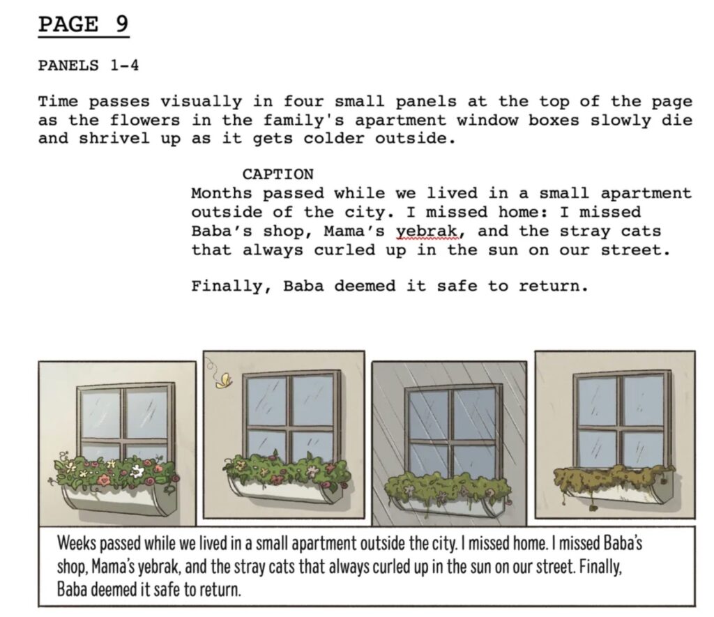A graphic novel illustration shows the passage of time with drawings of a window box wilting.