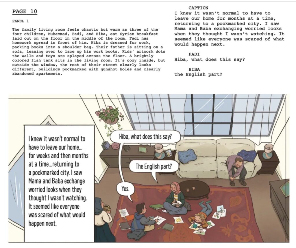 A graphic novel script sits beside a later draft of an illustration for Muhammad Najem, War Reporter.