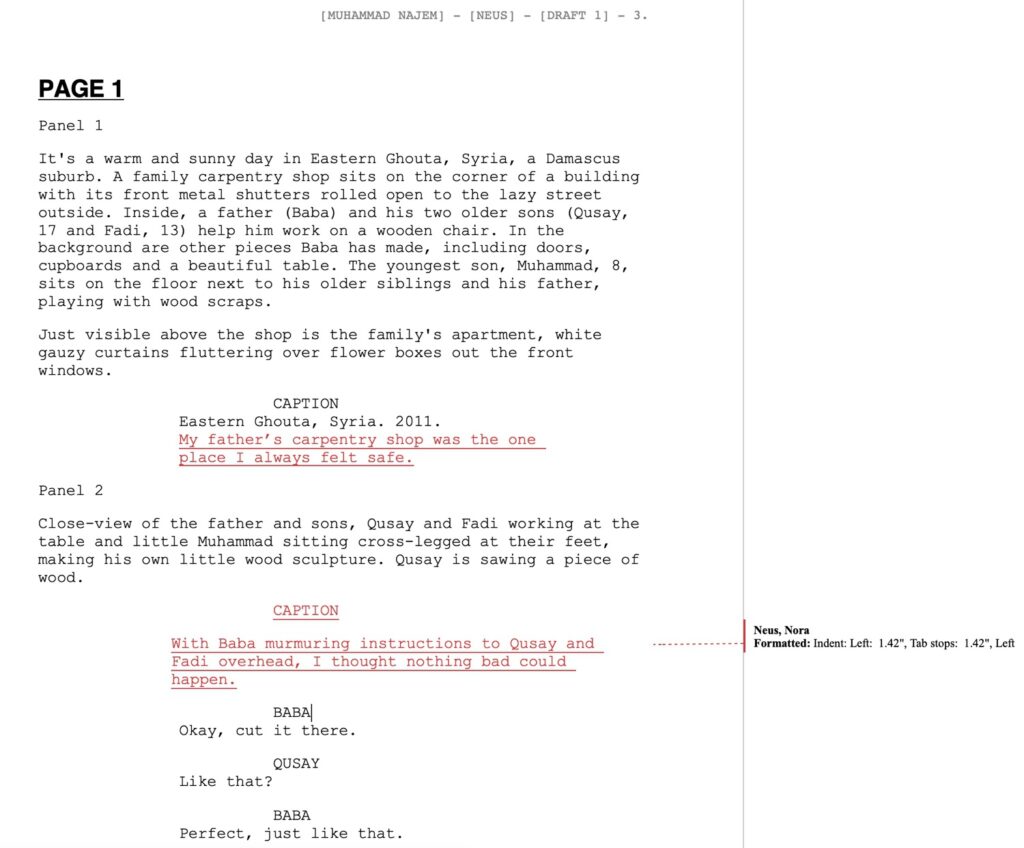 A page from a graphic novel script includes notes from the author's agent.