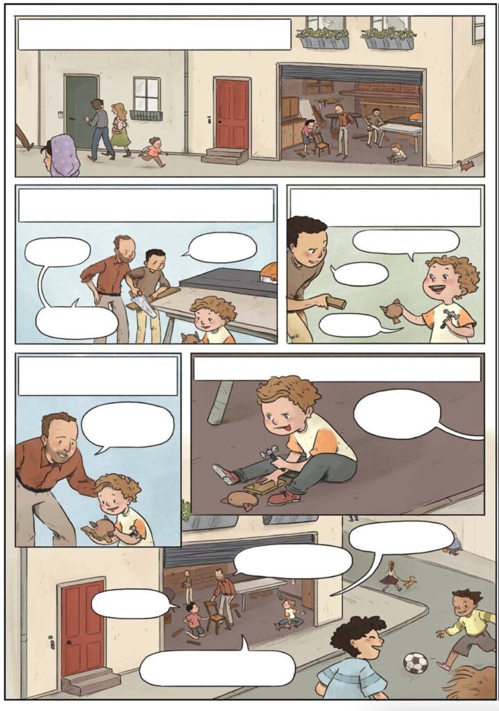 A graphic novel illustration shows a boy playing in his father's carpentry shop.
